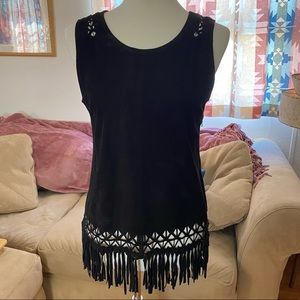 Black soft leather/suede fringe top